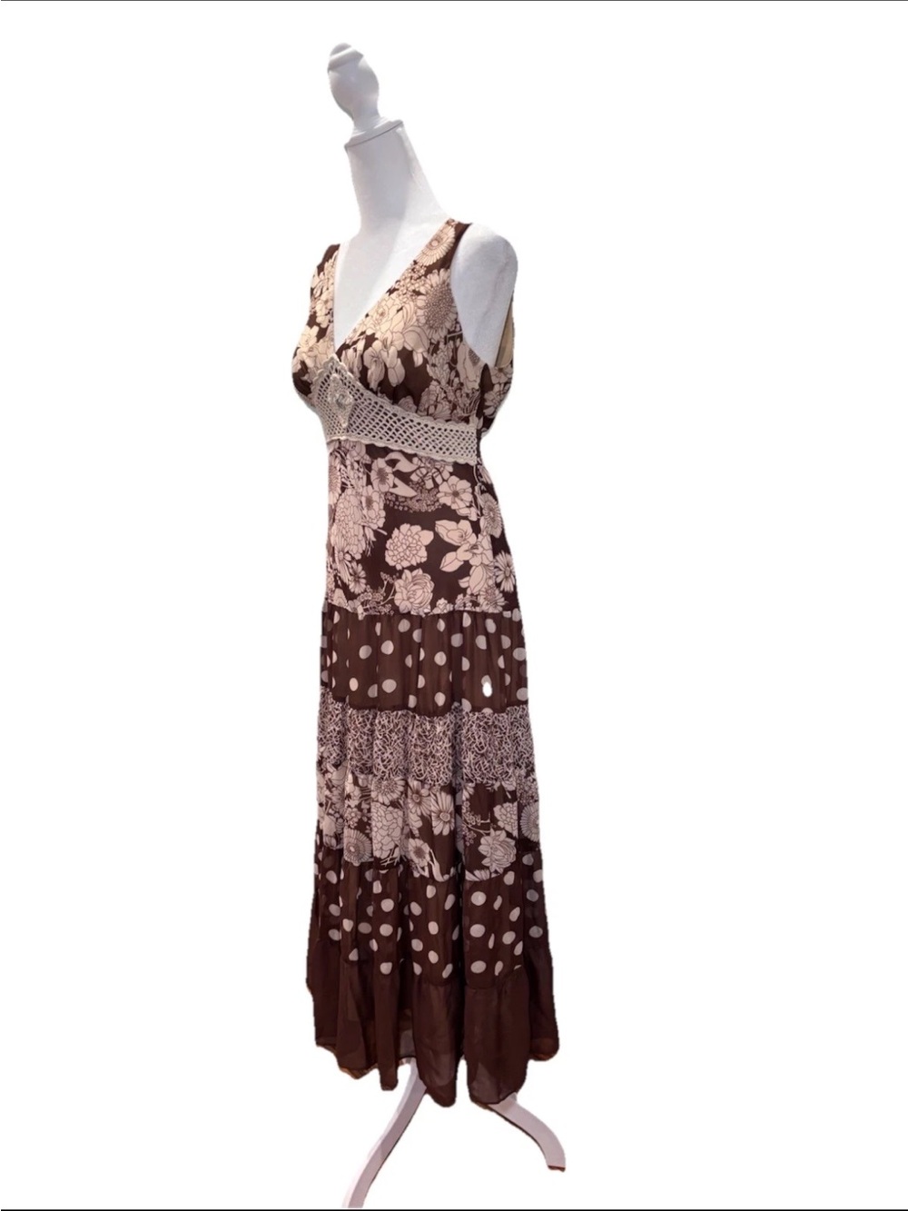 Cato Boho Maxi Dress Floral Polka Dot Crochet Waist Size 6 - Picture 5 of 8
